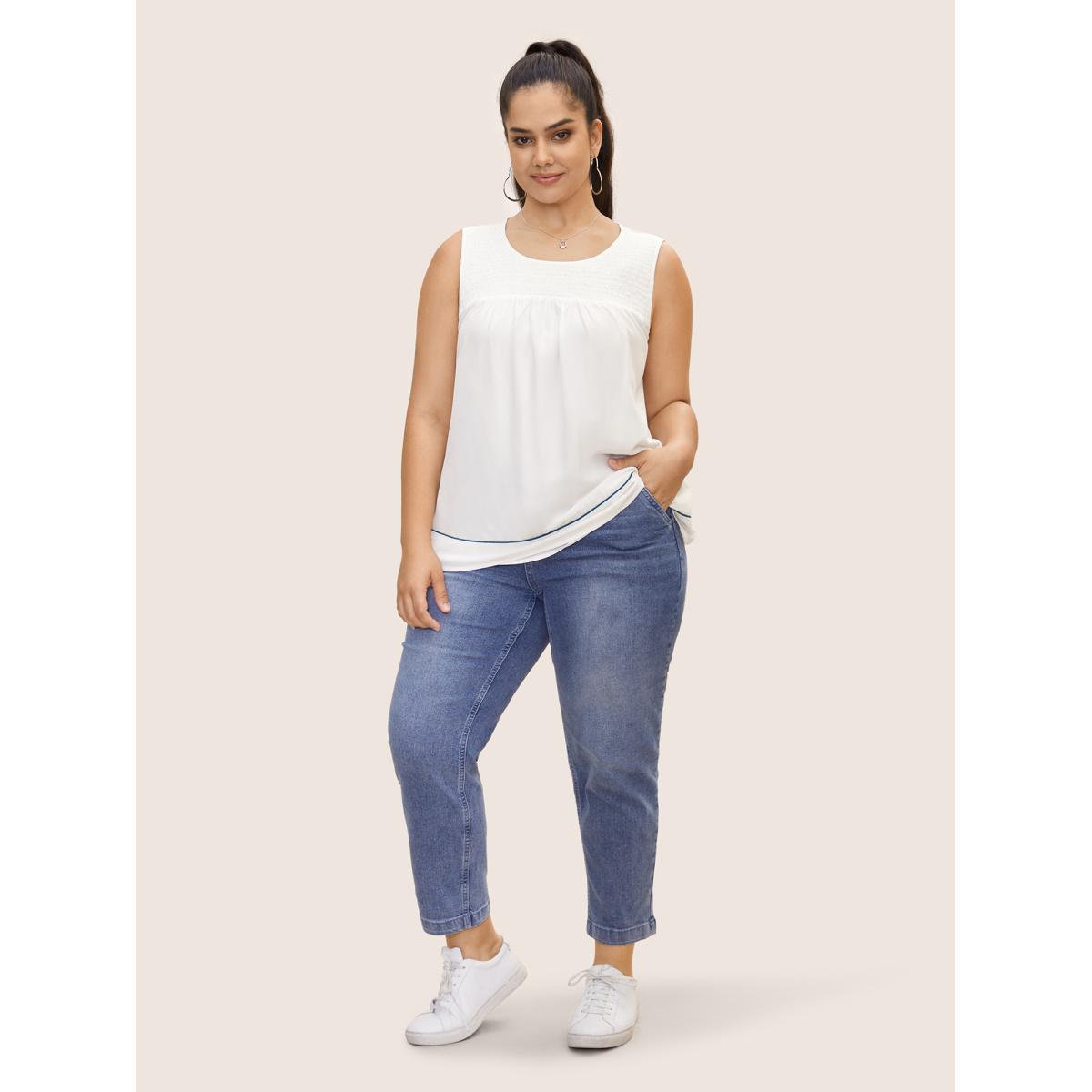 Plus Size Contrast Trim Shirred Gathered Tank Top Women Originalwhite Casual Gathered Round Neck Everyday Tank Tops Camis BloomChic 10/M Product Image