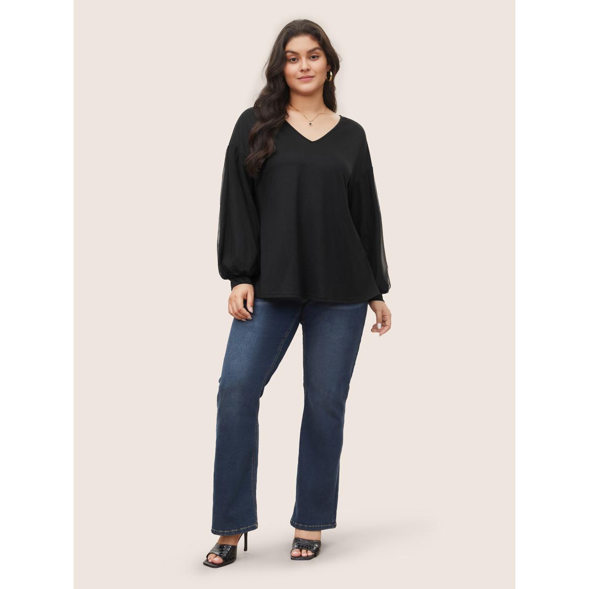 Plus Size Plain Tiered Mesh Patchwork T-shirt Black Women Elegant Non Plain V-neck Everyday T-shirts BloomChic 12/L Product Image