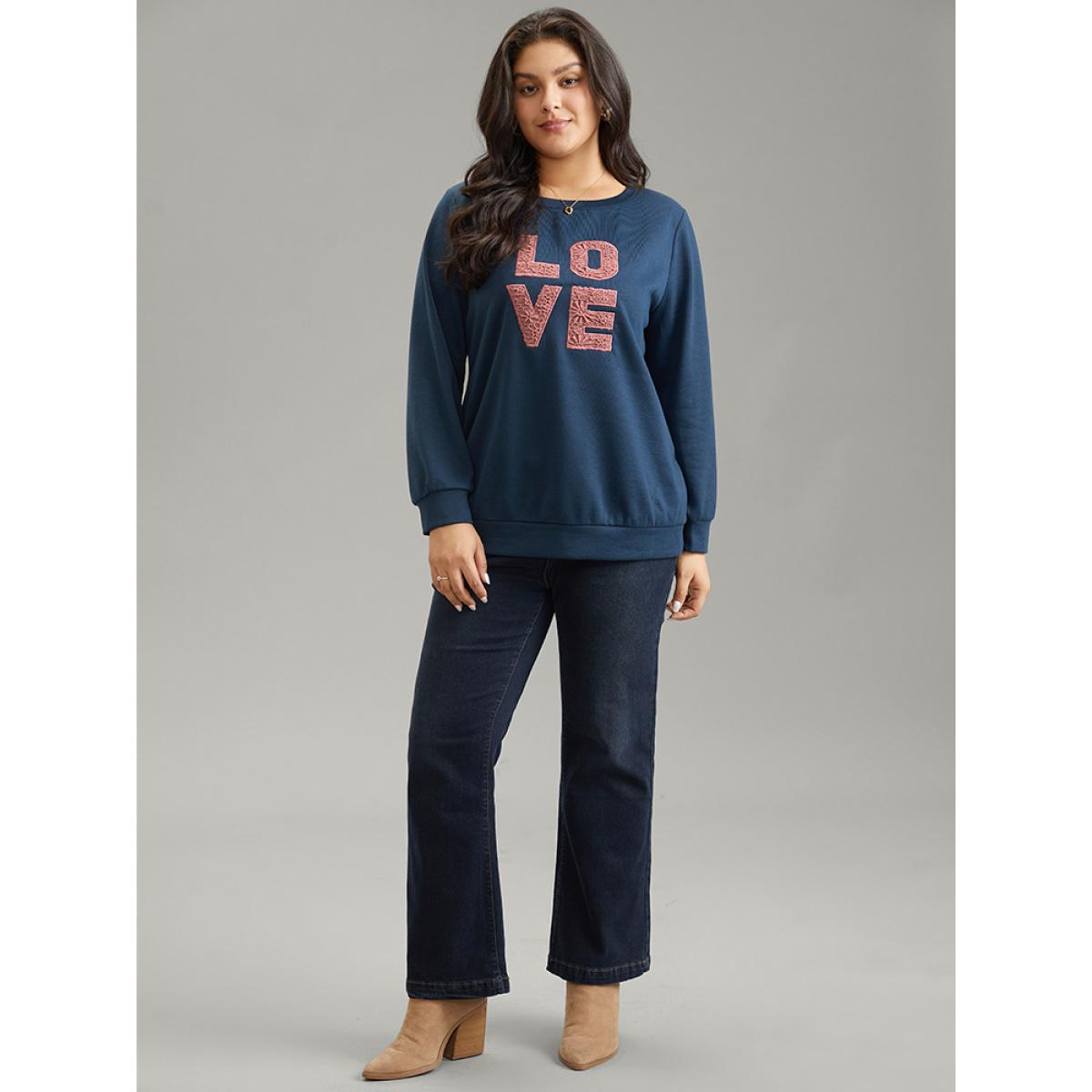 Plus Size Love Embroidered Patch Crew Neck Sweatshirt Women Indigo Casual Plain Dailywear Sweatshirts BloomChic 30/6X Product Image
