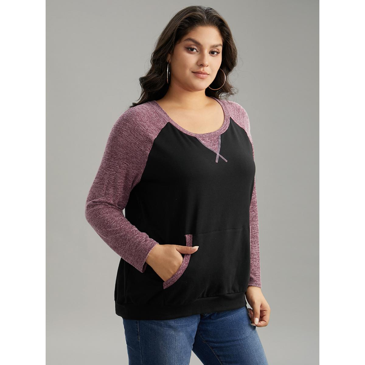 Plus Size Heather Stitch Pocket Raglan Sleeve Sweatshirt Women Black Casual Contrast Round Neck Dailywear Sweatshirts BloomChic 30/6X Product Image