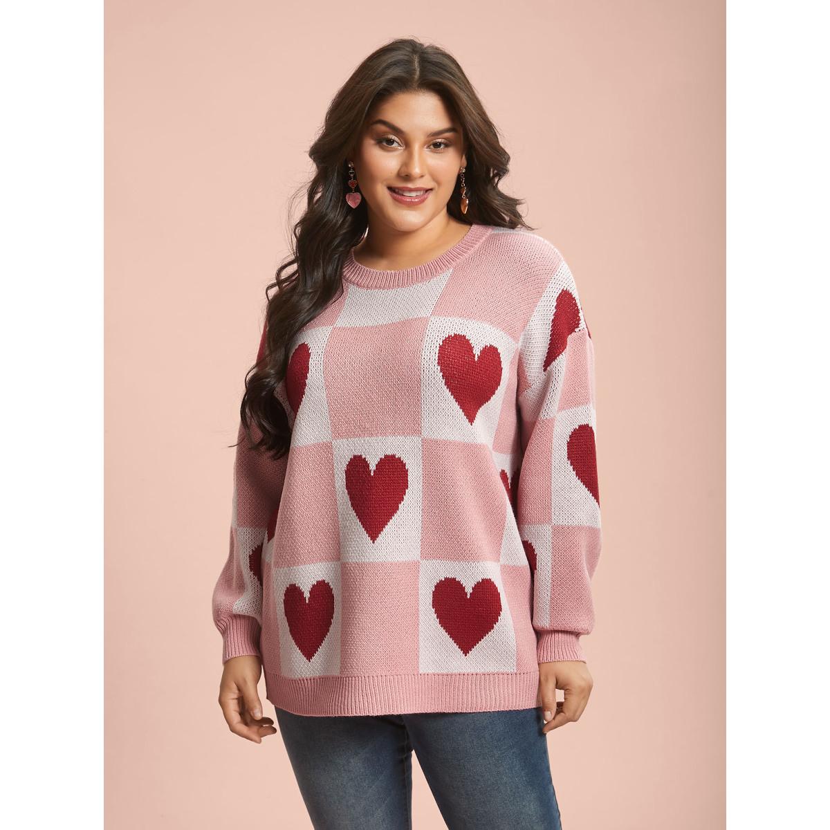 Plus Size Checkered Hearts Jacquard Color-Contrast Pullover Watermelon Women Casual Loose Long Sleeve Round Neck Everyday Pullovers BloomChic 28/5X Product Image