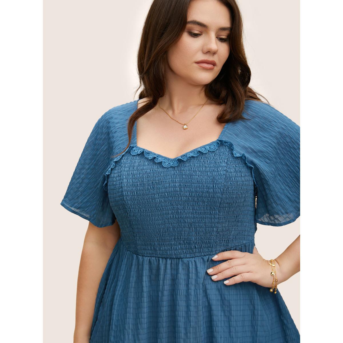 Plus Size Cerulean Plain Textured Frill Trim Ruffle Sleeve Blouse Women Elegant Short sleeve Heart neckline Everyday Blouses BloomChic 12/L Product Image