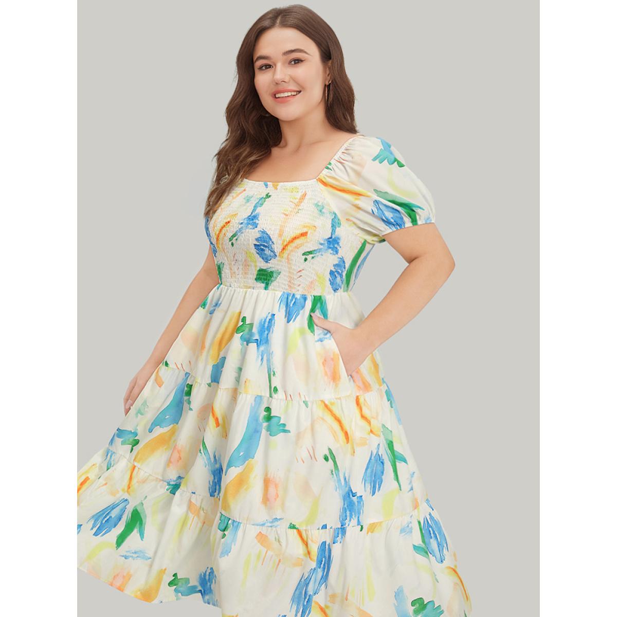 Plus Size Colour Geometric Print Square Neck Shirred Puff Sleeve Dress Multicolor Women Vacation Elastic cuffs Square Neck Short sleeve Curvy Midi Dress BloomChic 28/5X Product Image