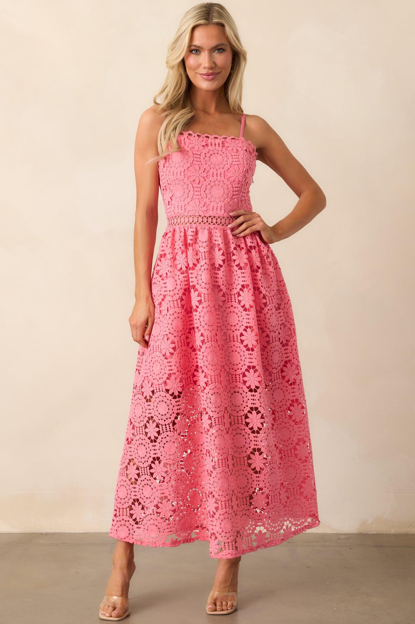 Sweet Moments Pink Coral Floral Embroidered Maxi Dress Product Image