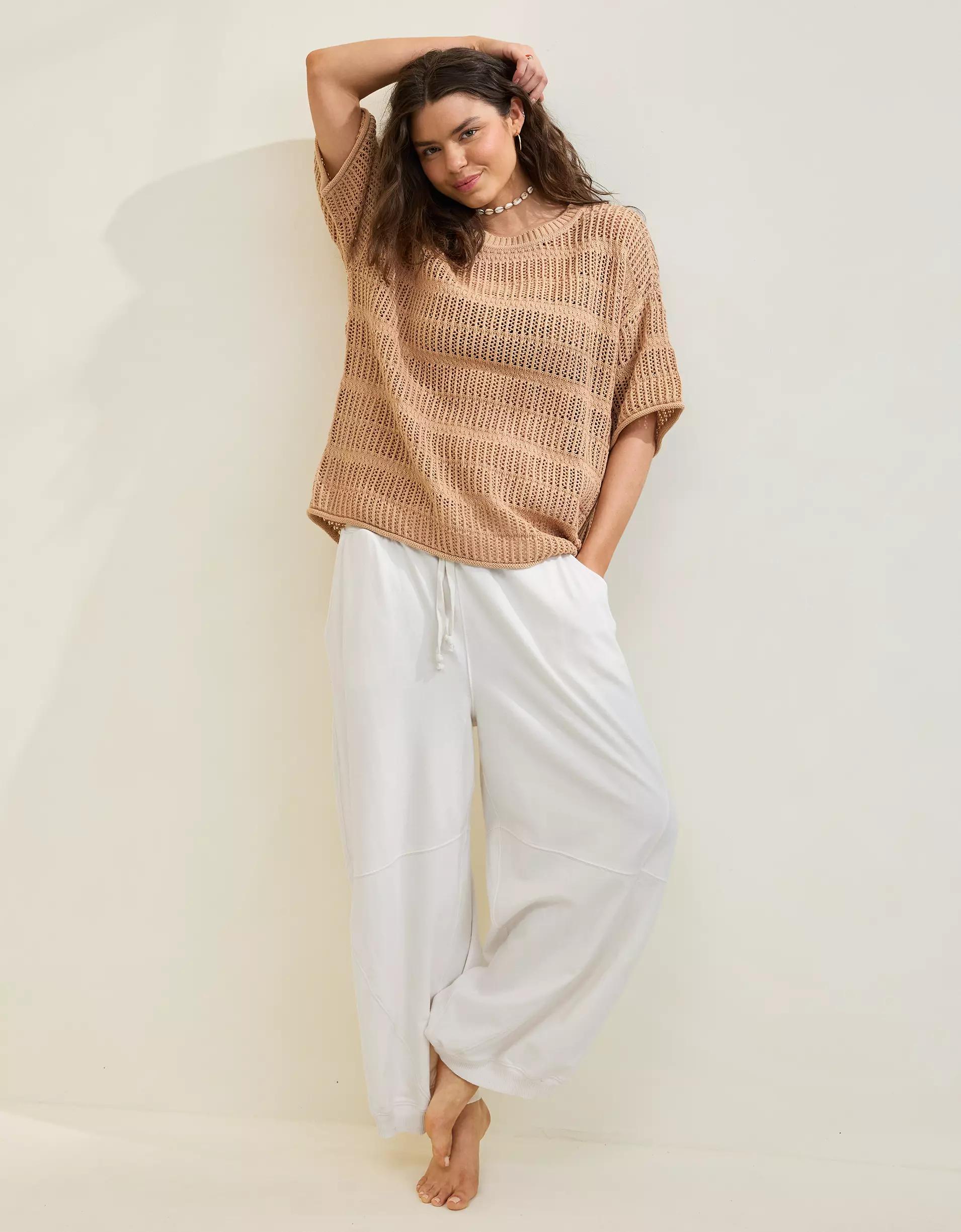 Aerie Crochet Oversized Short Sleeve Sweater Product Image