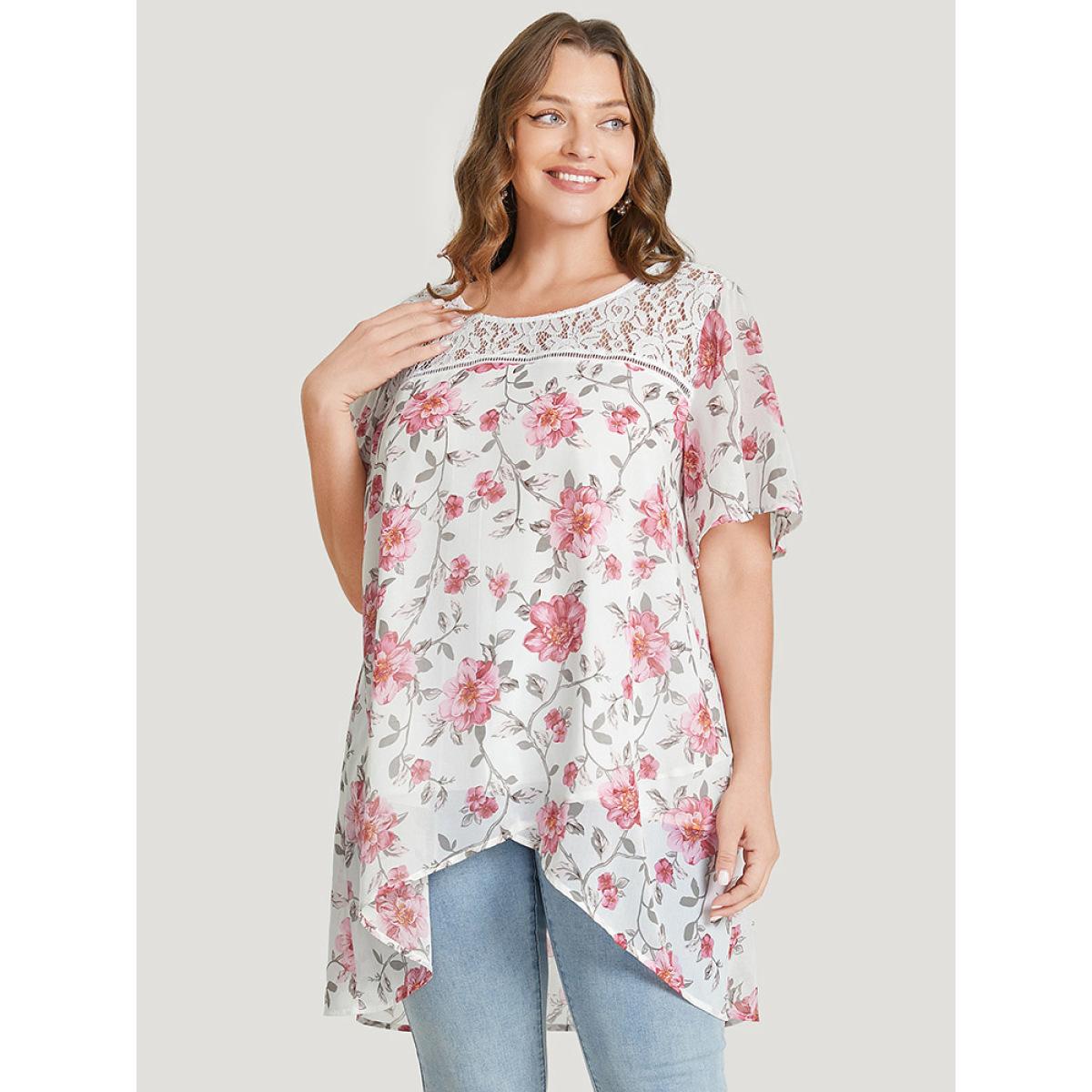 Plus Size White Floral Lace Ruffle Sleeve High Low Hem Blouse Women Elegant Short sleeve Round Neck Dailywear Blouses BloomChic 30/6X Product Image