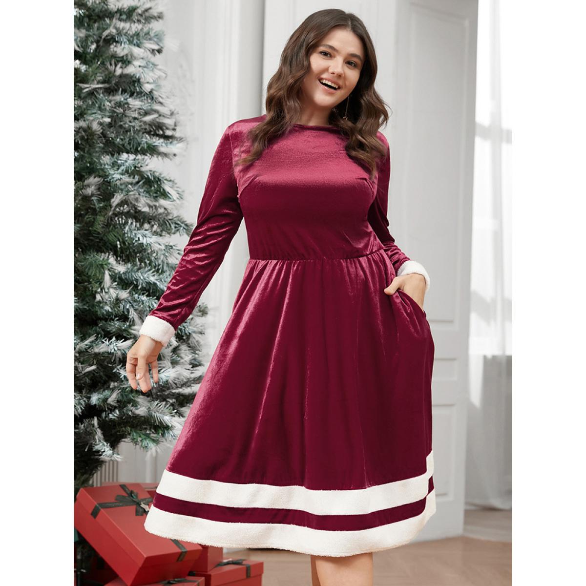 Plus Size Solid Contrast Fuzzy Trim Pocket Velvet Dress Scarlet Women Elegant Contrast Round Neck Long Sleeve Curvy Midi Dress BloomChic 14-16/1X Product Image