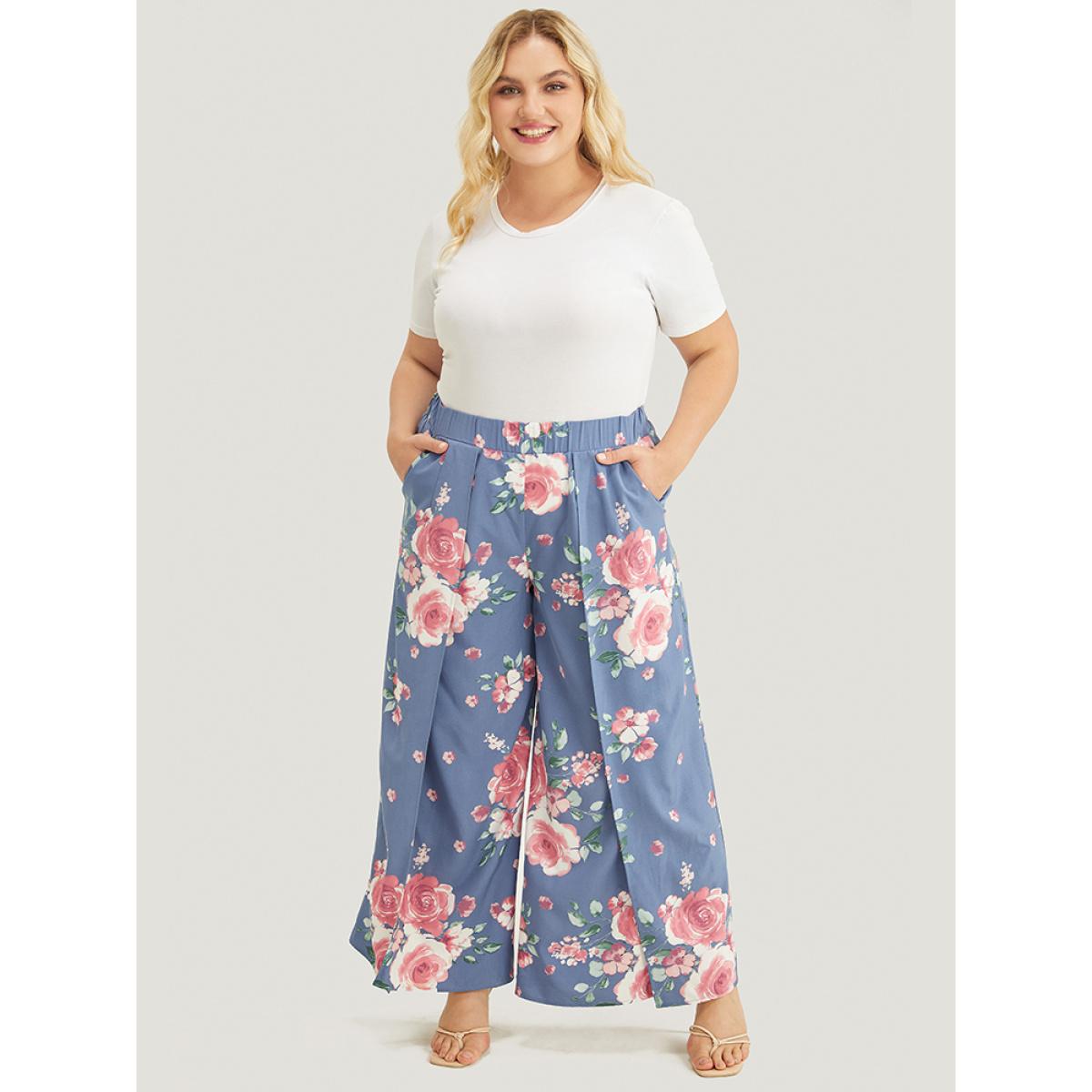 Plus Size Floral Print Pocket Split Wide Leg Pants Women Blue Elegant Mid Rise Dailywear Pants BloomChic 10/M Product Image