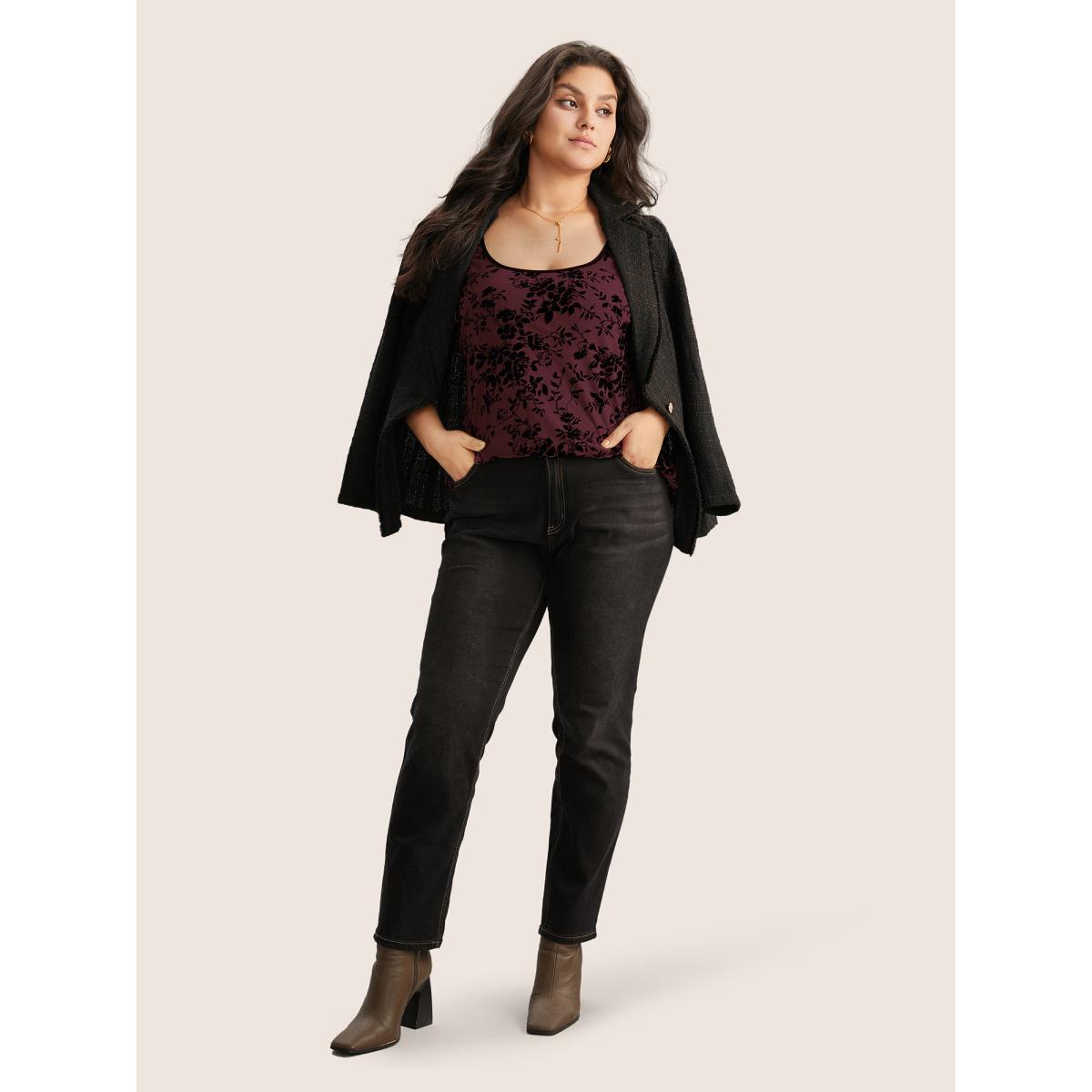 Plus Size Silhouette Floral Print Flocking Square Neck Tank Top Women Burgundy Elegant Texture Square Neck Everyday Tank Tops Camis BloomChic 22-24/3X Product Image