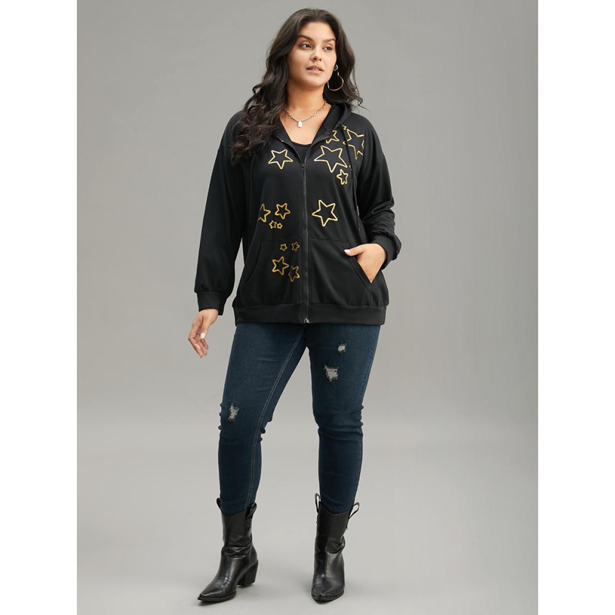 Plus Size Star Zipper Pocket Hooded Sweatshirt Women Black Casual Printed Hooded Dailywear Sweatshirts BloomChic 28/5X Product Image