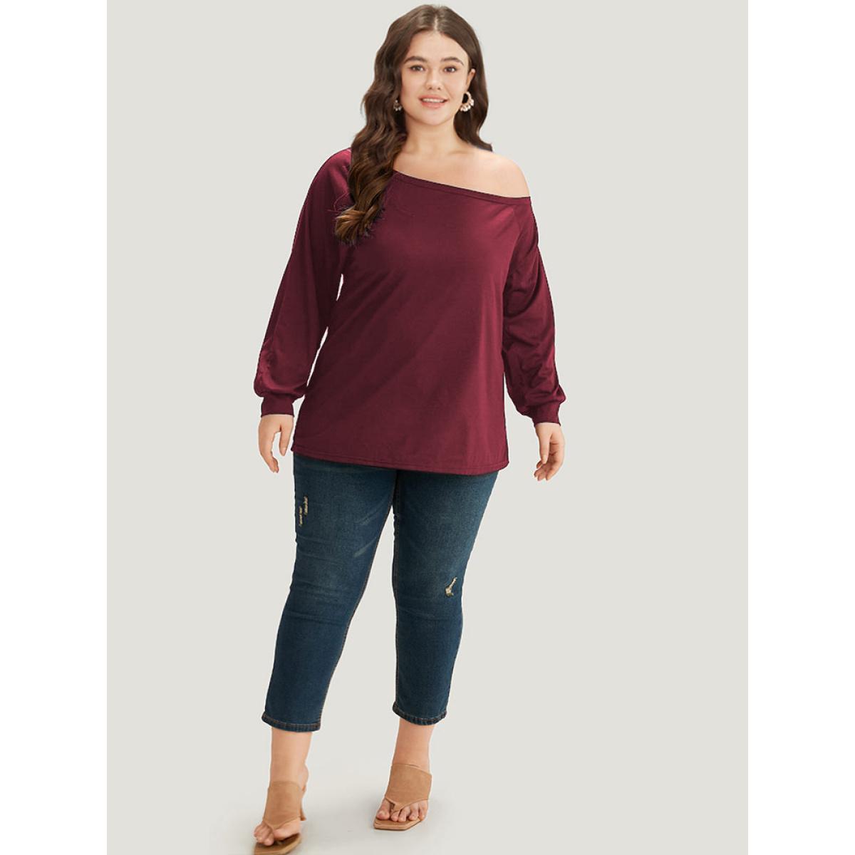 Plus Size Plain One Shoulder Button Detail Elastic Cuffs T-shirt Raspberry Women Elegant Elastic cuffs Plain One Shoulder Dailywear T-shirts BloomChic 10/M Product Image