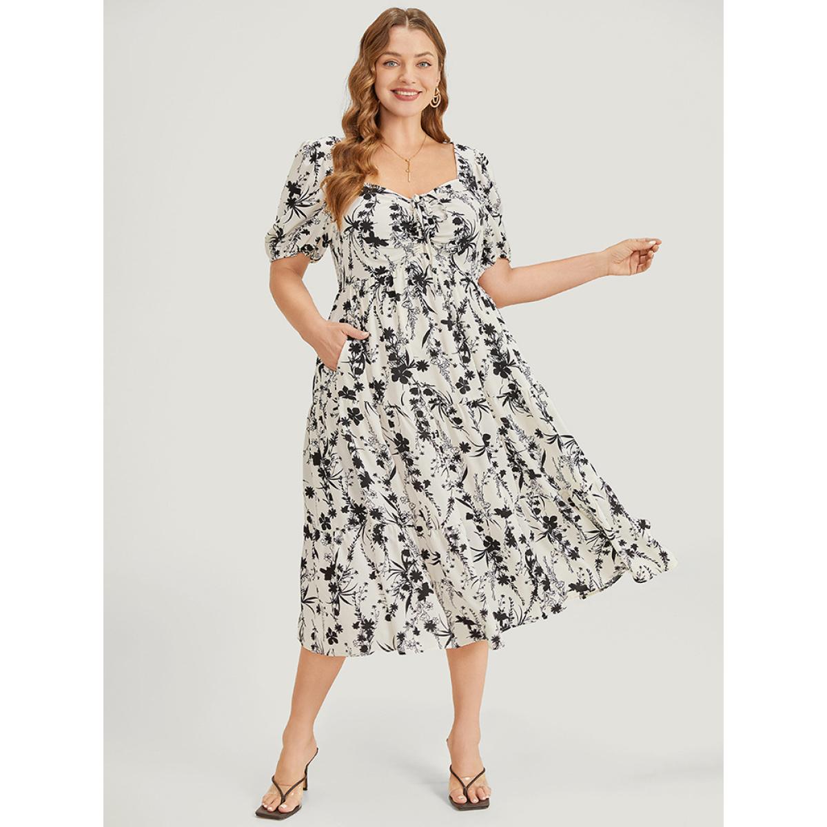 Plus Size Floral Puff Sleeve Pocket Ruched Drawstring Ruffle Dress Black Women Elegant Lined Square Neck Short sleeve Curvy Midi Dress BloomChic 30/6X Product Image