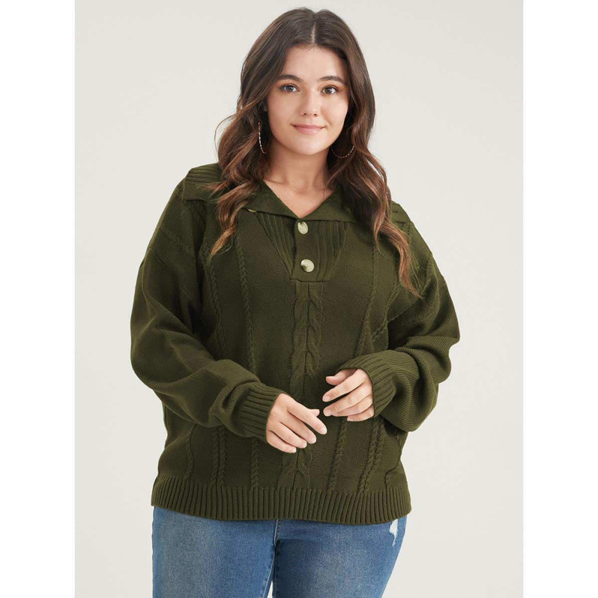 Plus Size Solid Pointelle Knit Button Lapel Collar Cable Knit Top DarkGreen Women Elegant Long Sleeve Lapel Collar Dailywear Pullovers BloomChic 10/M Product Image