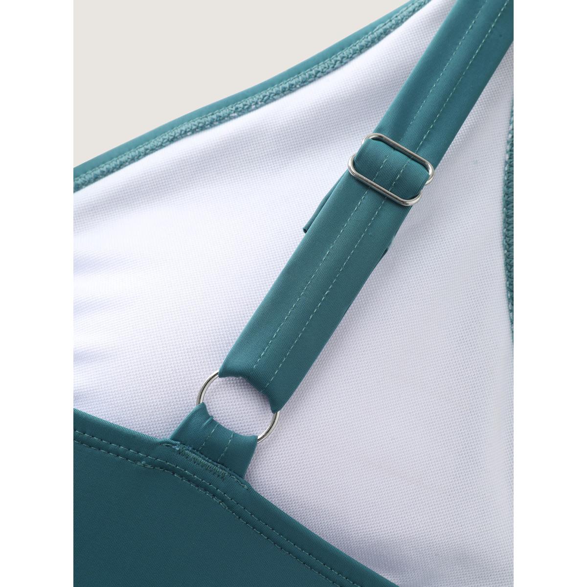 Plus Size Ruffled Hem Cinched Waist Swim Dress Women's Swimwear Teal Resort Bodycon Overlap Collar High stretch Curve Swim Dresses BloomChic 10/M Product Image