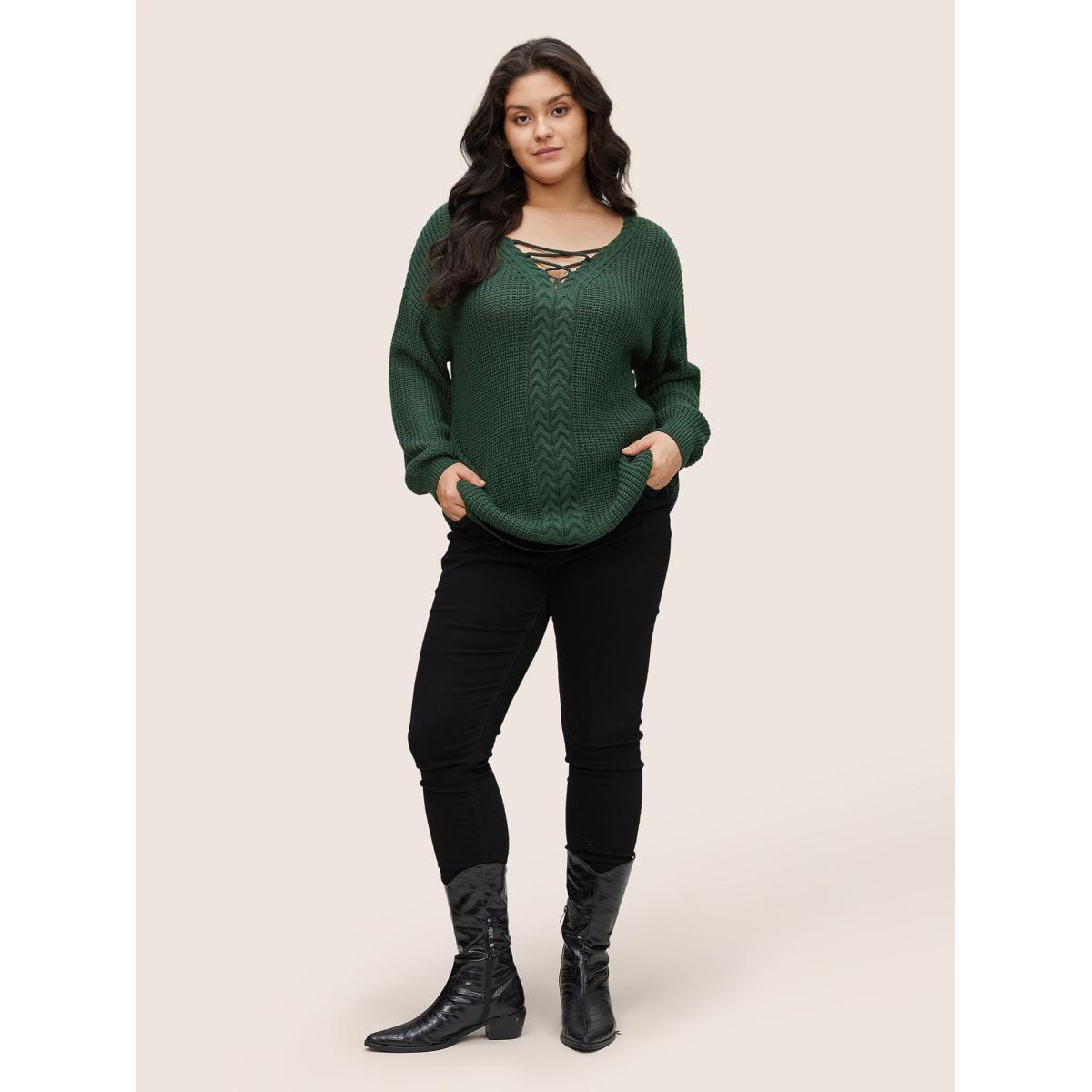 Plus Size Plain Cable Knit Crisscross Pullover DarkGreen Women Casual Loose Long Sleeve V-neck Dailywear Pullovers BloomChic 12/L Product Image
