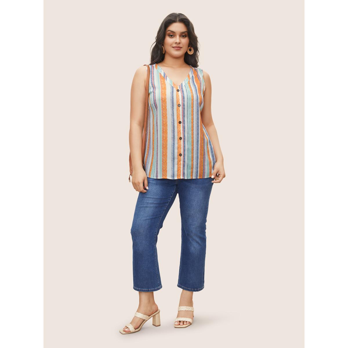 Plus Size Colored Striped Button Detail Tank Top Women Multicolor Casual Button V-neck Everyday Tank Tops Camis BloomChic 14-16/1X Product Image