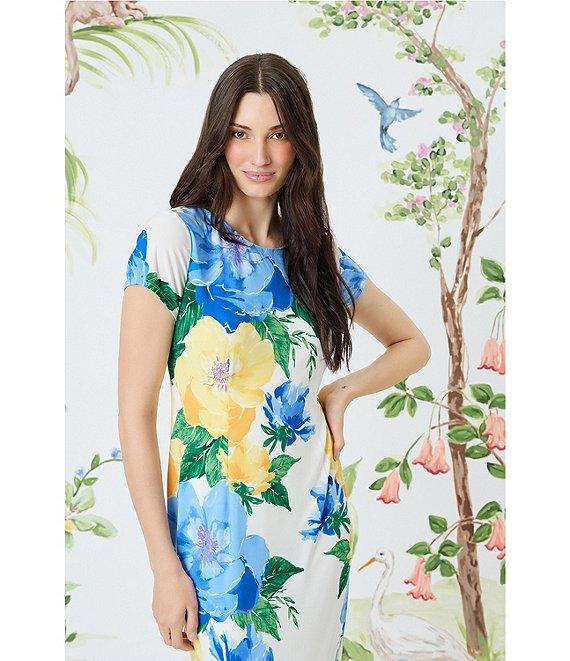 Maggy London Matte Jersey Floral Placement Print Crew Neck Short Sleeve Midi Dress Product Image