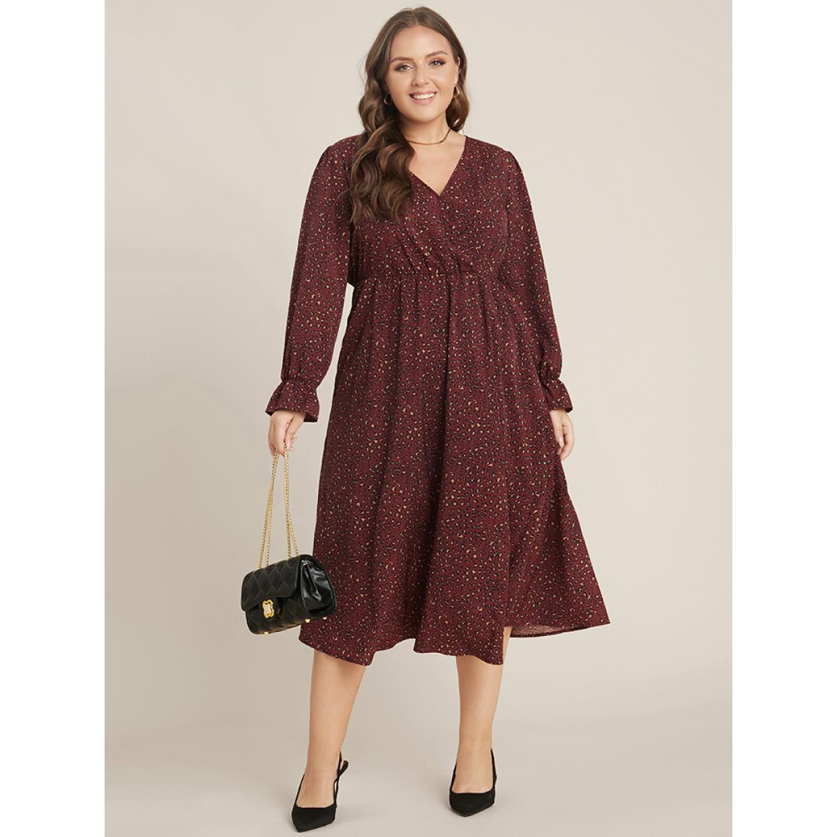 Plus Size Leopard Lantern Sleeve Pocket Wrap Midi Dress Scarlet Women Office Elastic Waist V-neck Long Sleeve Curvy Midi Dress BloomChic 10/M Product Image