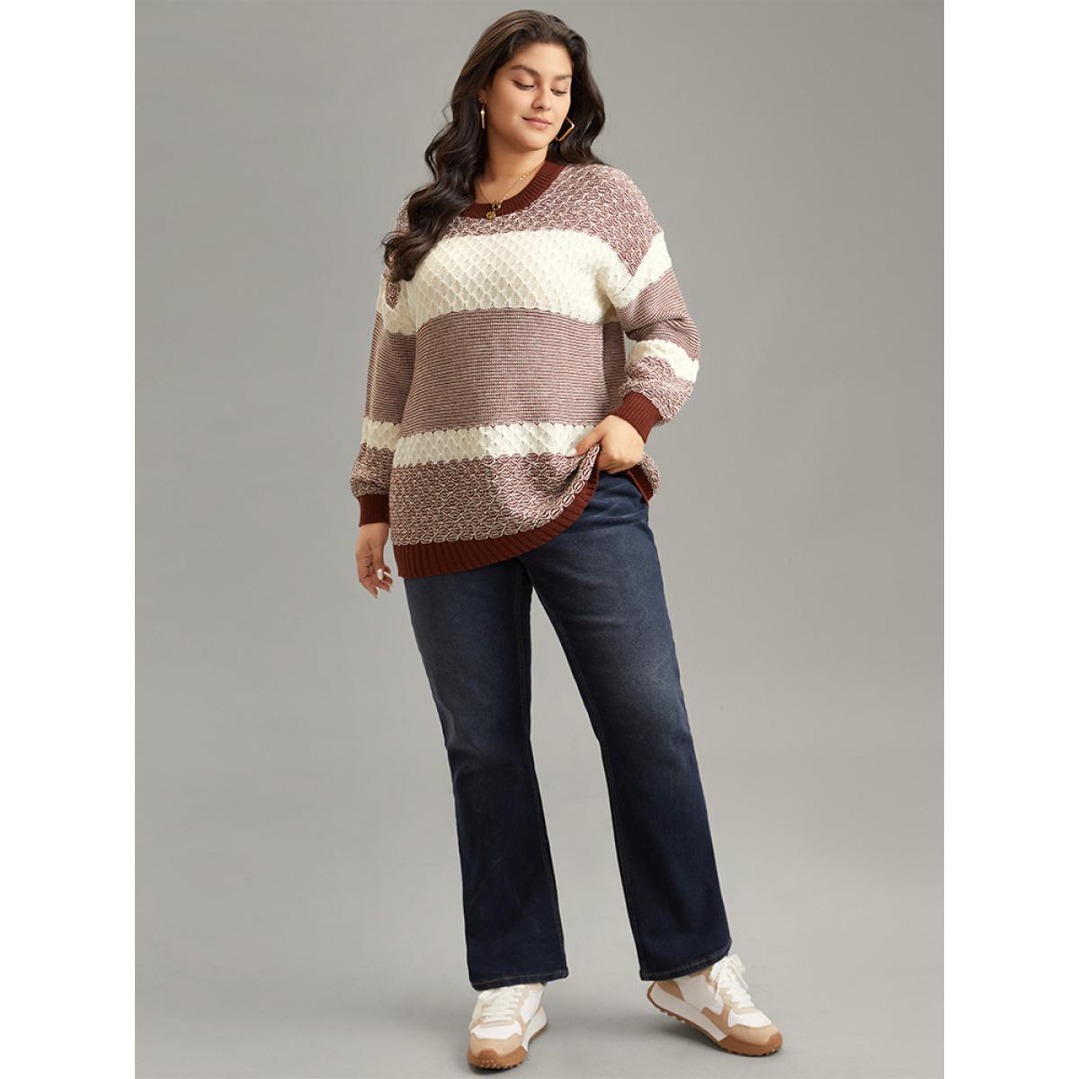 Plus Size Colorblock Contrast Round Neck Elastic Cuffs Pullover Rust Women Casual Loose Long Sleeve Round Neck Dailywear Pullovers BloomChic 14-16/1X Product Image