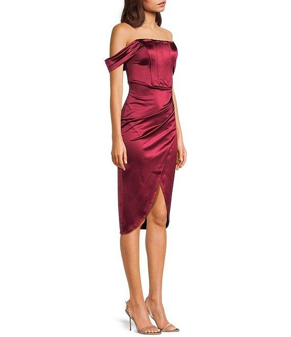 Honey and Rosie Strapless Drape Off-Shoulder Sleeve Corset Inspired Envelope Hem Midi Dress Product Image