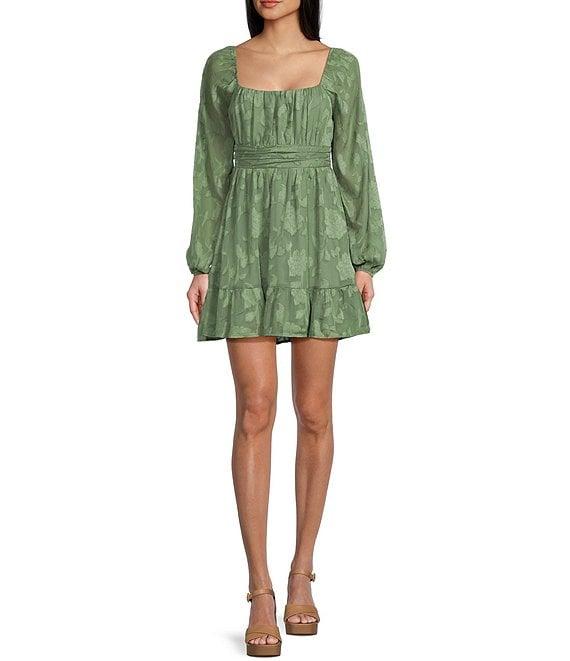 Allison & Kelly Jacquard Floral Print Square Neck Long Sleeve Tie Back Dress Product Image