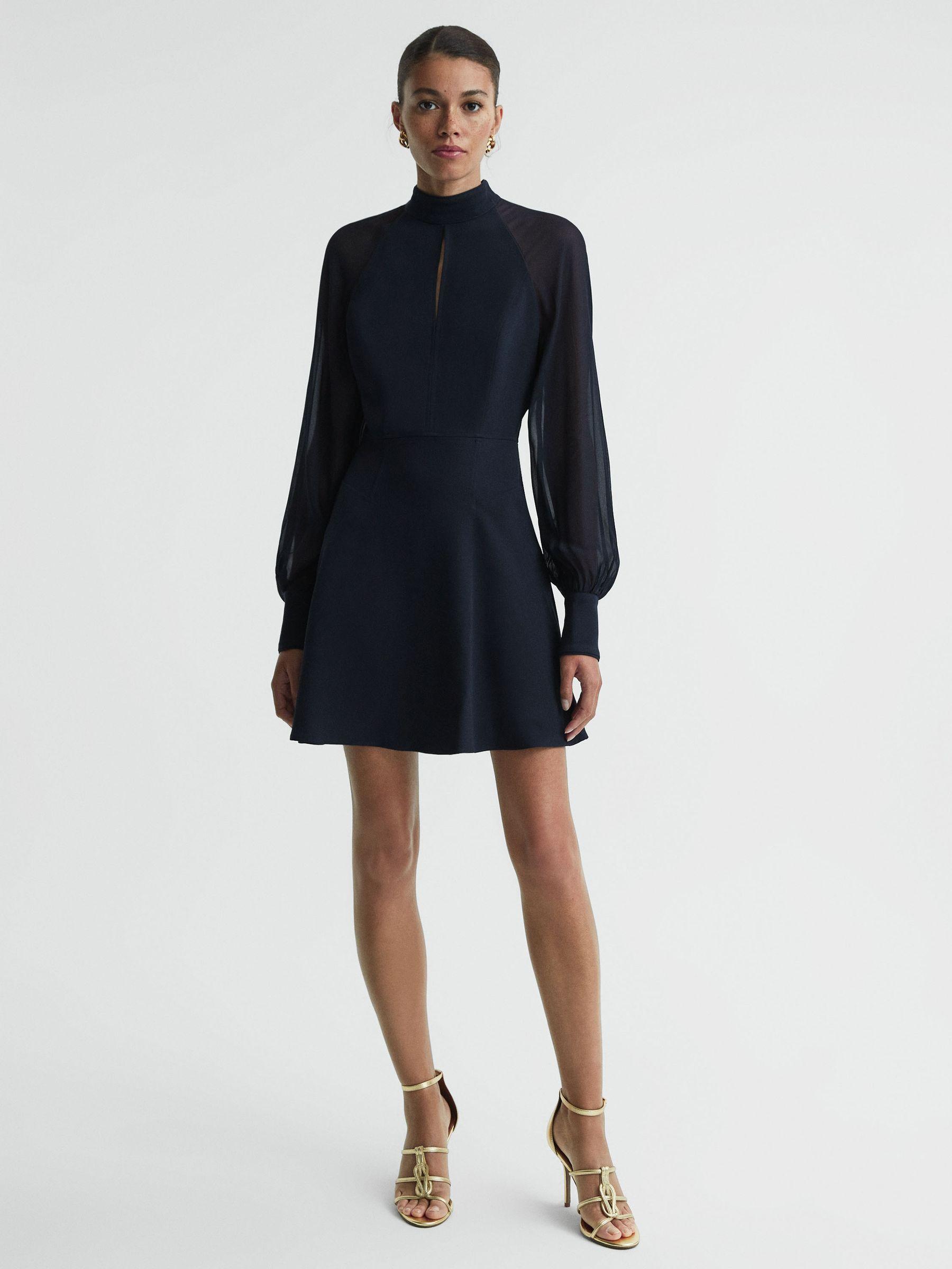 Sheer Blouson Sleeve Mini Dress in Navy Product Image