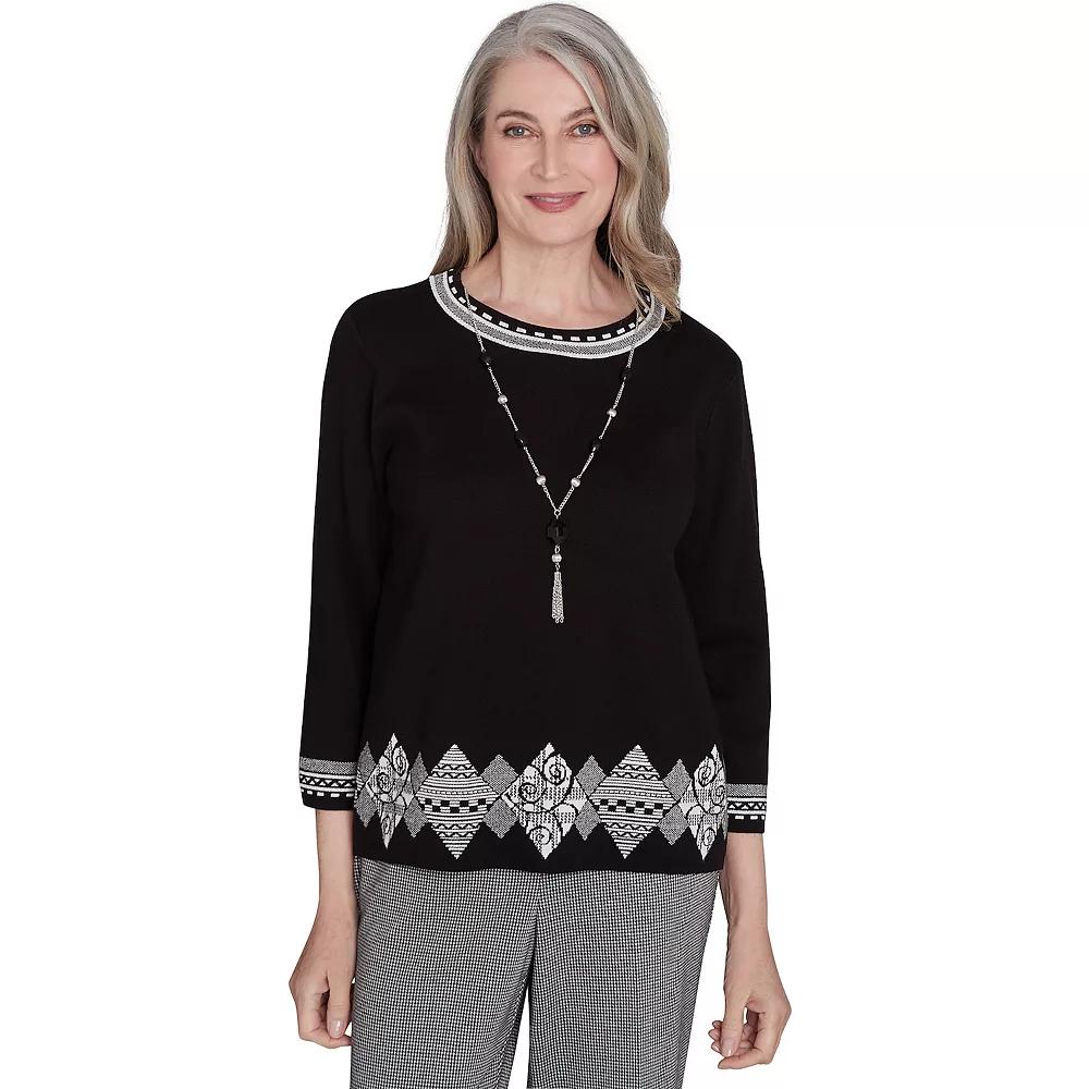 Women's Alfred Dunner Diamond Border Crewneck Sweater with Necklace, Size: Medium, Black Product Image
