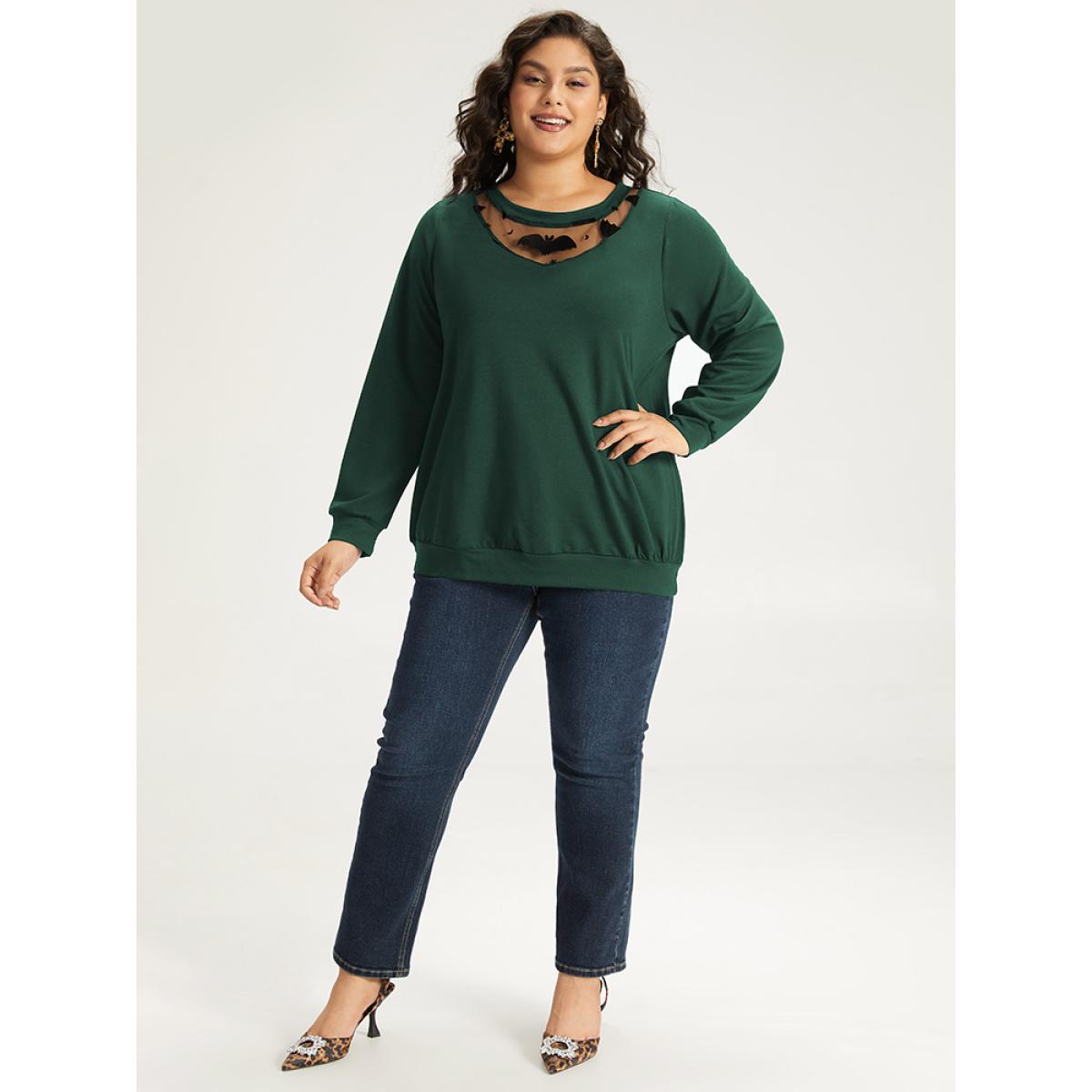 Plus Size Halloween Bat Print Mesh Patchwork Sweatshirt Women DarkGreen Elegant Elastic cuffs Round Neck Festival-Halloween Sweatshirts BloomChic 18-20/2X Product Image