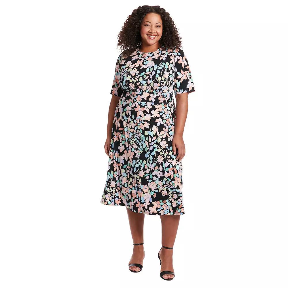 Plus Size London Times Floral Print Elbow Sleeve Inset Waist Midi Dress, Women's, Size: 14 W, Black Lilac Product Image