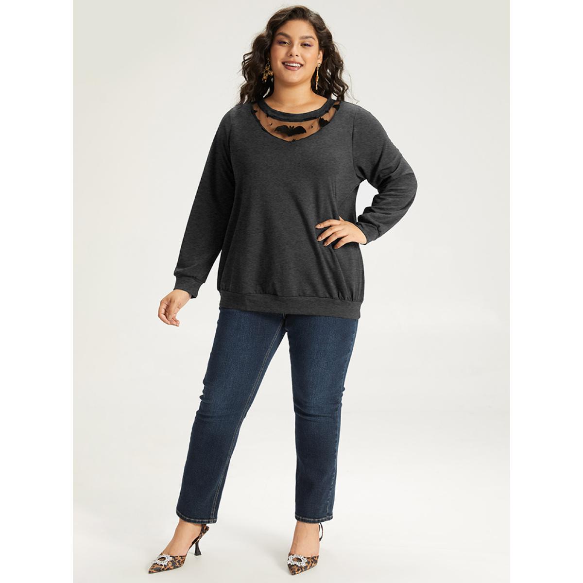 Plus Size Halloween Bat Print Mesh Patchwork Sweatshirt Women Gray Elegant Elastic cuffs Round Neck Festival-Halloween Sweatshirts BloomChic 14-16/1X Product Image
