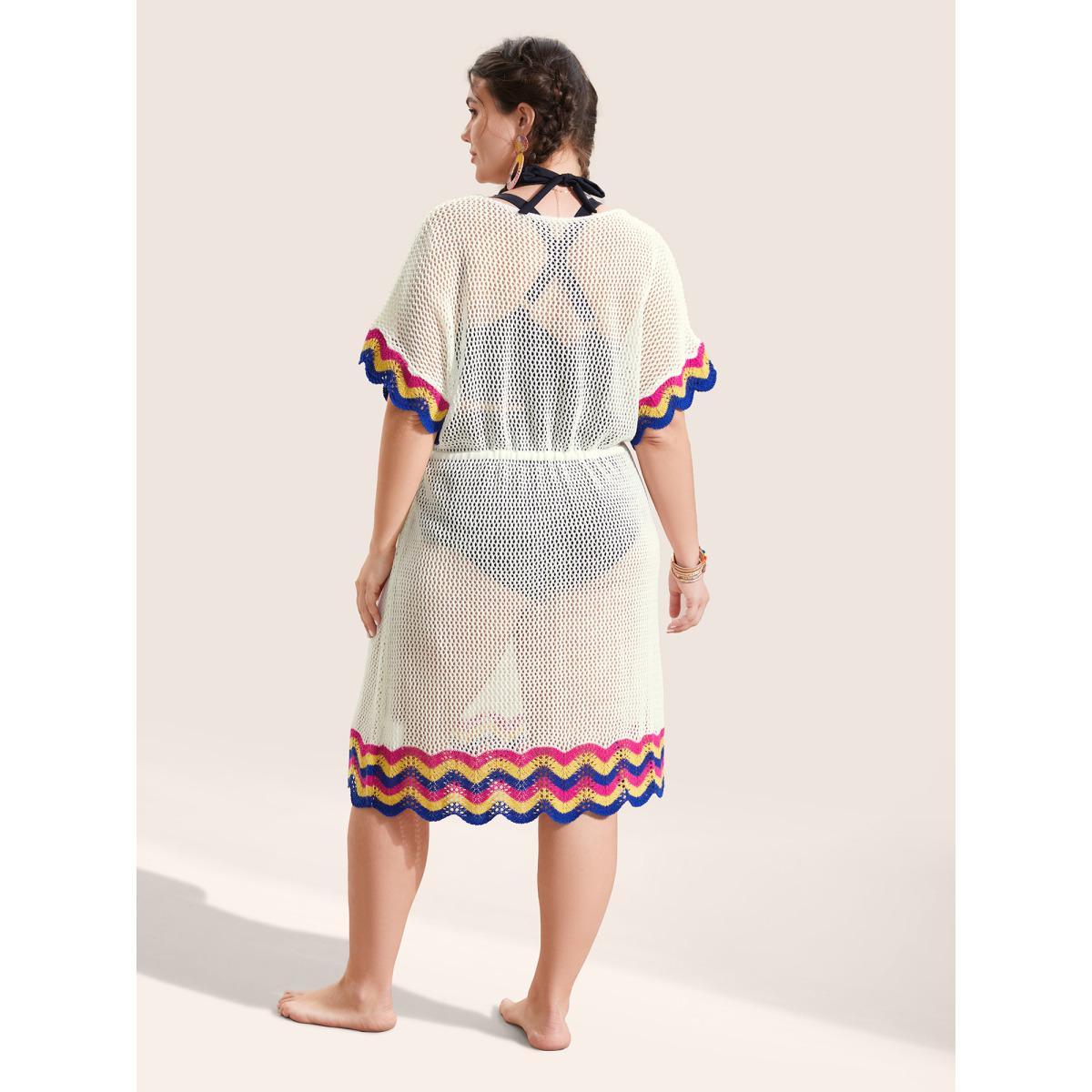 Plus Size Deep V Neck Contrast Striped Drawstring Swim Cover Up Women's Swimwear Ivory Beach Loose Texture Curve Swim Cover Ups BloomChic 22-24/3X Product Image