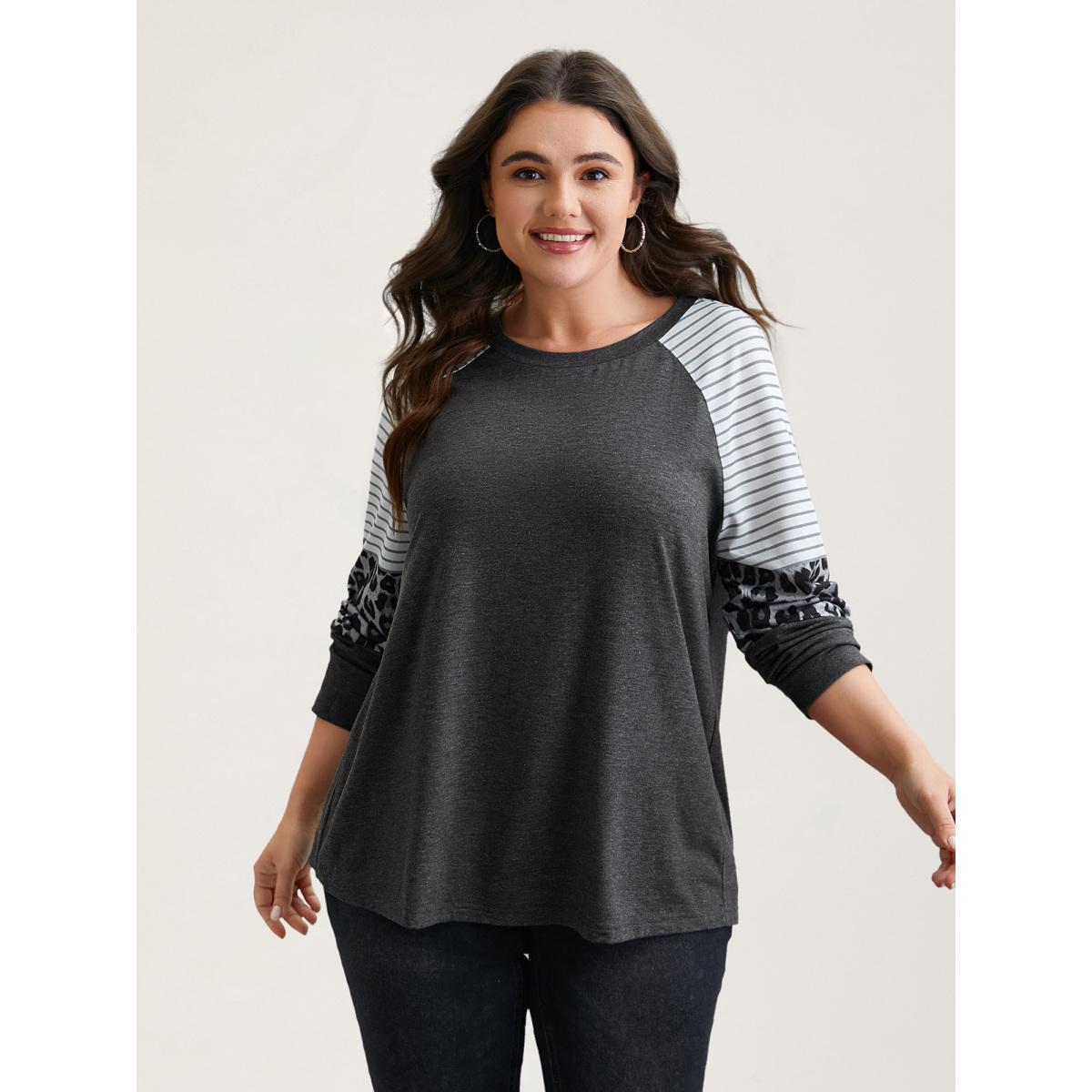 Plus Size Mixed Leopard Print Raglan Sleeve T-Shirt DimGray Women Leisure Contrast Round Neck Casual T-shirts BloomChic 22-24/3X Product Image