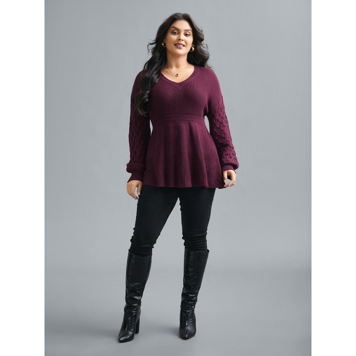 Plus Size Plain Ribbed Knit Waist Cinched Pullover Burgundy Women Timeless Bodycon Long Sleeve V-neck Elegant Pullovers BloomChic 26/4X Product Image