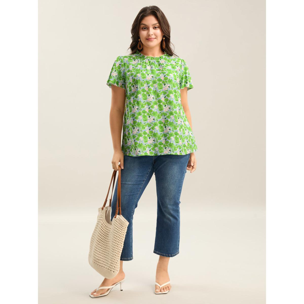 Plus Size LightGreen In Full Bloom Mock Neck Shirt Women Resort Cap Sleeve Stand-up collar Vacation Blouses BloomChic 28/5X Product Image