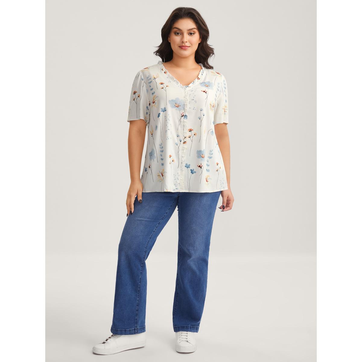 Plus Size Originalwhite Floral Print Ruffled Placket Blouse Women Short sleeve Non Everyday-Casual Blouses BloomChic 14-16/1X Product Image