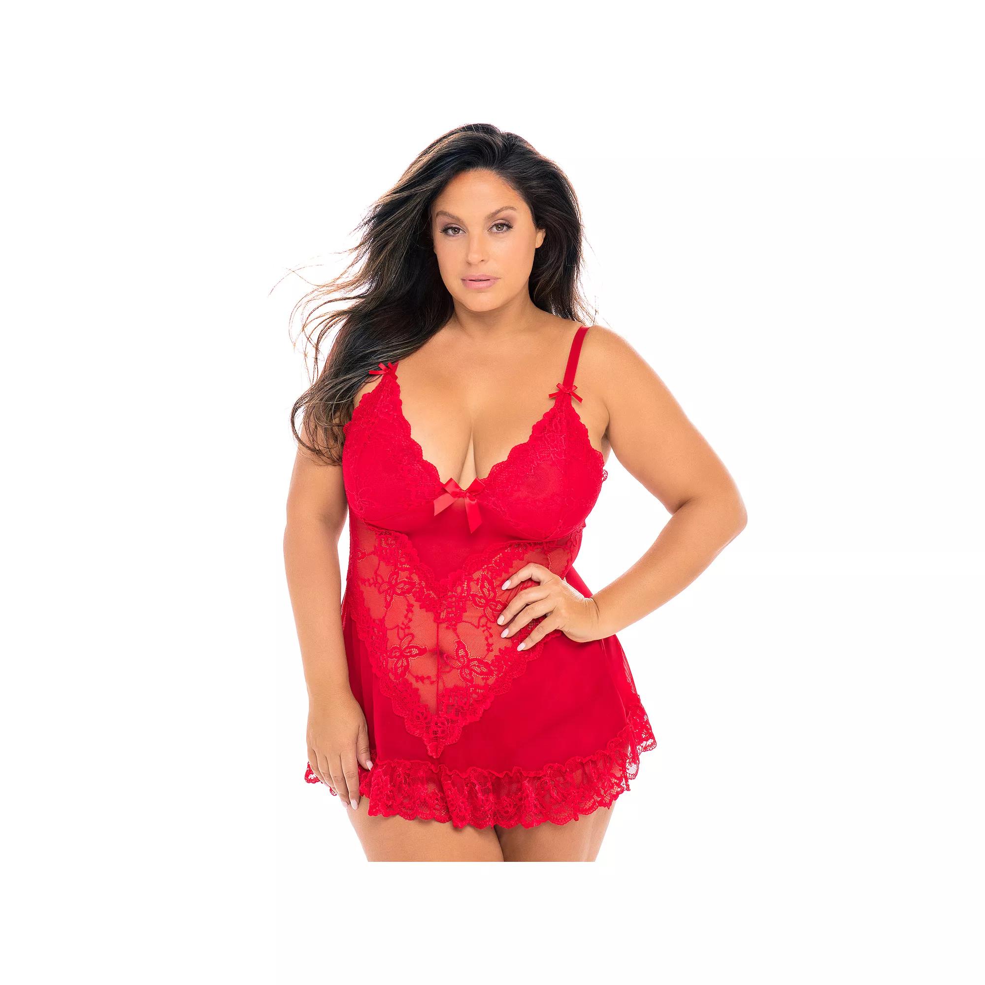 Plus Size Oh La La Cheri Valentine Soft Cup Lace Babydoll & G-String Set 2139X, Women's, Size: 1XL-2XL, Black Product Image