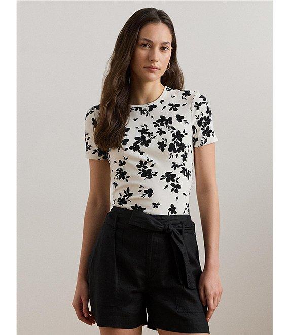 Lauren Ralph Lauren Stretch Knit Floral Print Crew Neck Short Sleeve Tee Product Image