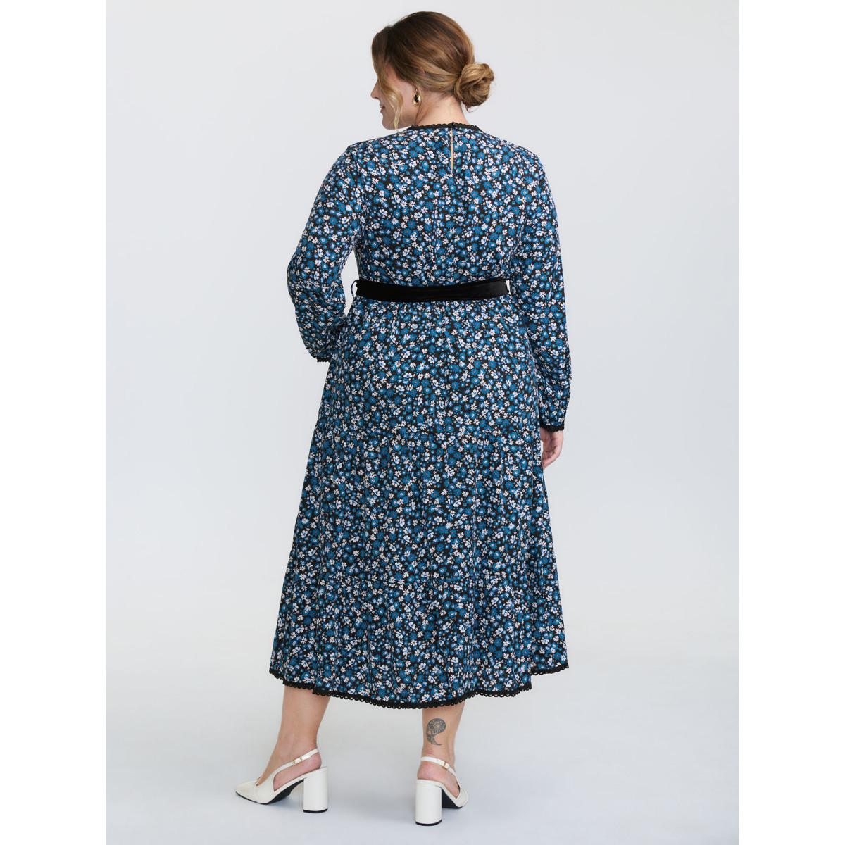 Plus Size Floral Print Contrast Color Belted Midi Dress Black Women Timeless Woven ribbon&lace trim Round Neck Long Sleeve Curvy BloomChic 28/5X Product Image