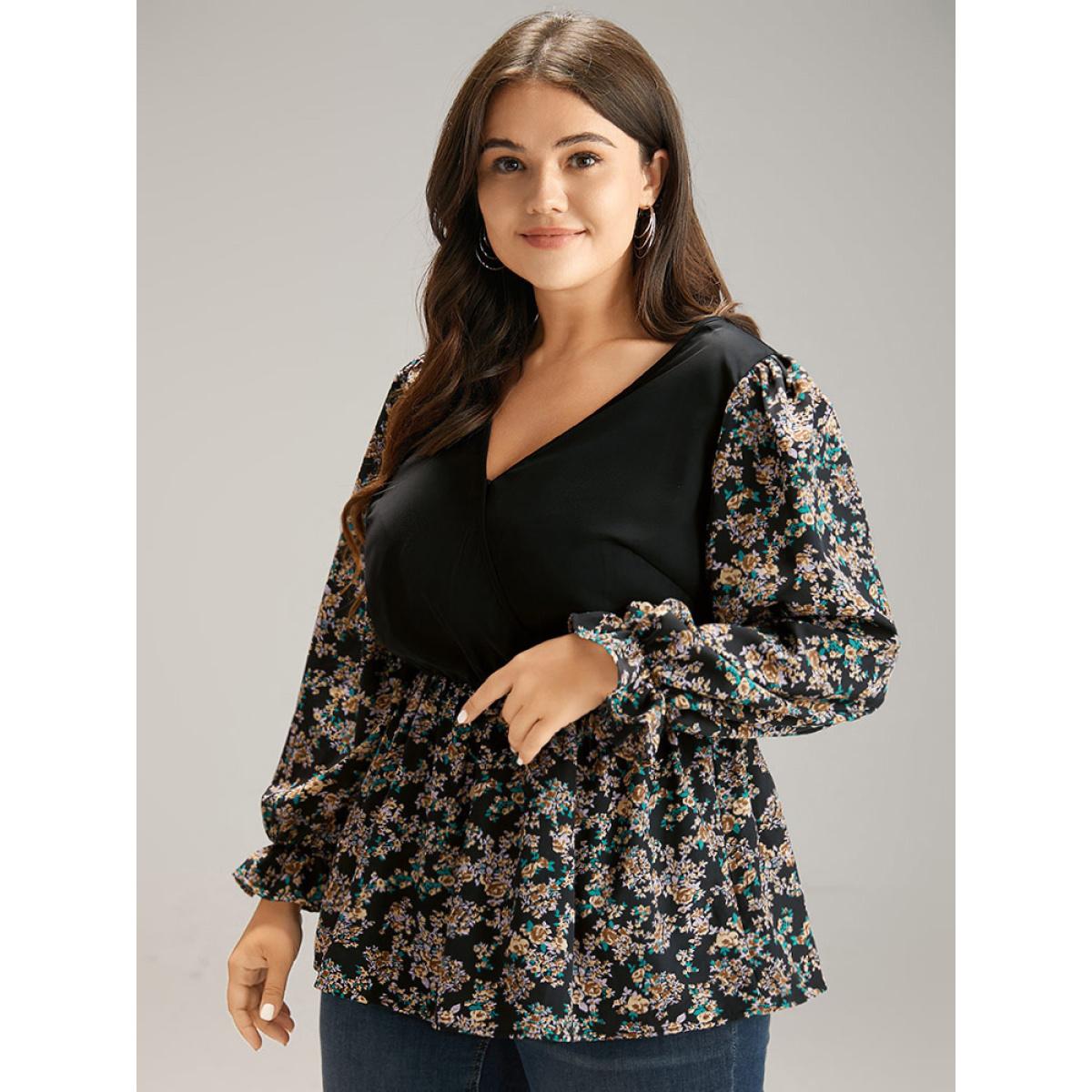 Plus Size Black Ditsy Floral Patchwork Elastic Waist Blouse Women Elegant Long Sleeve V-neck Everyday Blouses BloomChic 18-20/2X Product Image