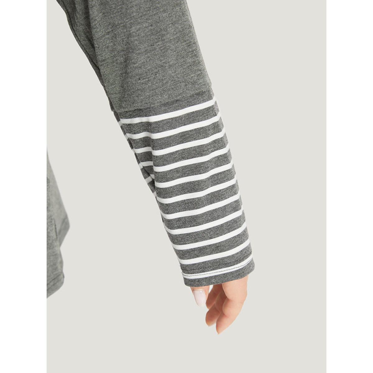 Plus Size Striped Patchwork Button Up Round Neck T-shirt DimGray Women Casual Contrast Striped Round Neck Dailywear T-shirts BloomChic 30/6X Product Image