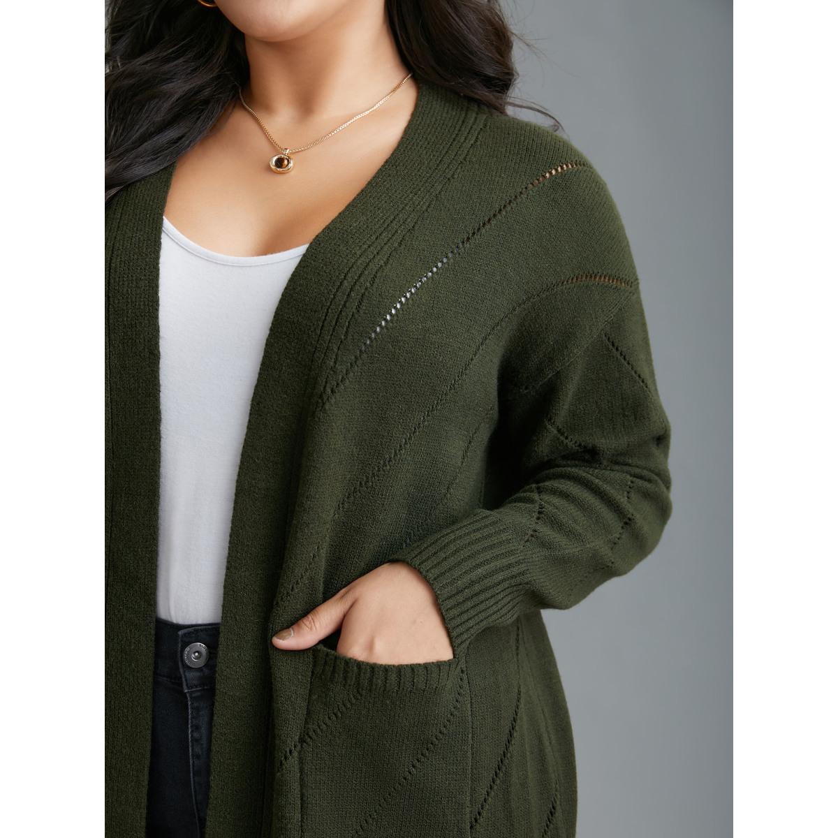 Plus Size Cable Knit Open-Front Pocket Knit Cardigan ArmyGreen Women Casual Loose Long Sleeve Everyday Cardigans BloomChic 14-16/1X Product Image