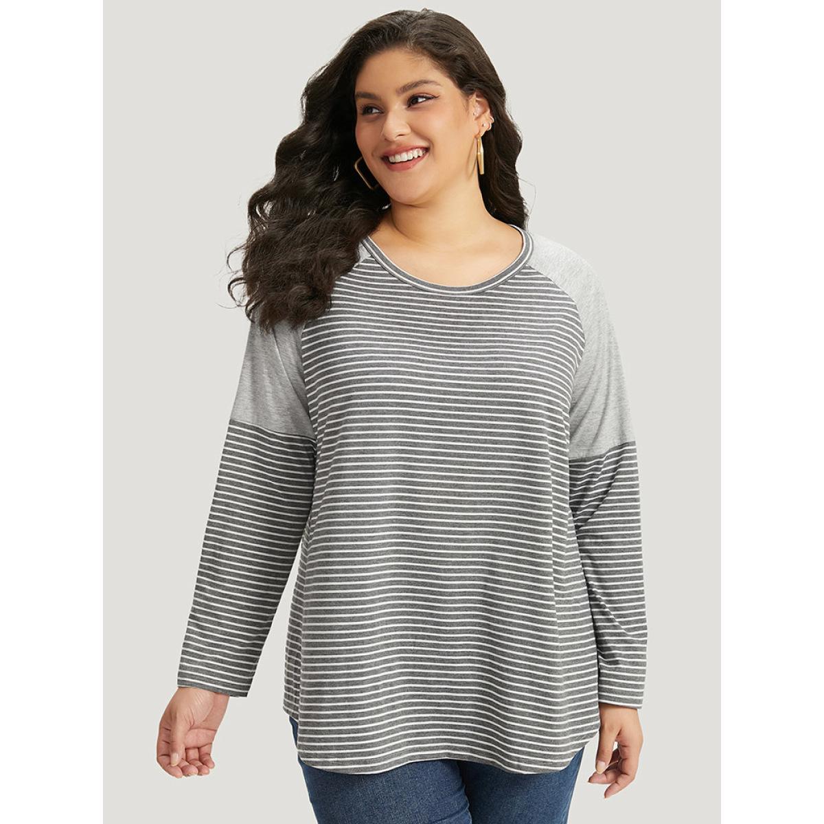 Plus Size Striped Patchwork Crew Neck Raglan Sleeve T-shirt Gray Women Casual Patchwork Striped Round Neck Dailywear T-shirts BloomChic 22-24/3X Product Image