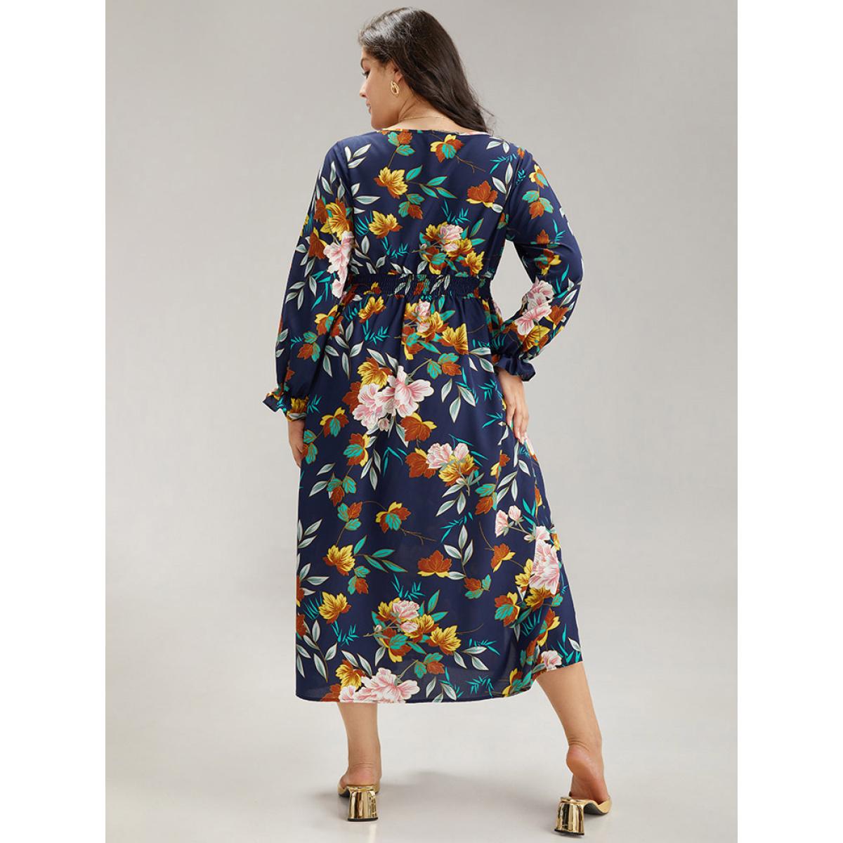 Plus Size Floral Print Split Side Ruffle Trim Dress Navy Women Elegant Printed V-neck Long Sleeve Curvy Midi Dress BloomChic 22-24/3X Product Image