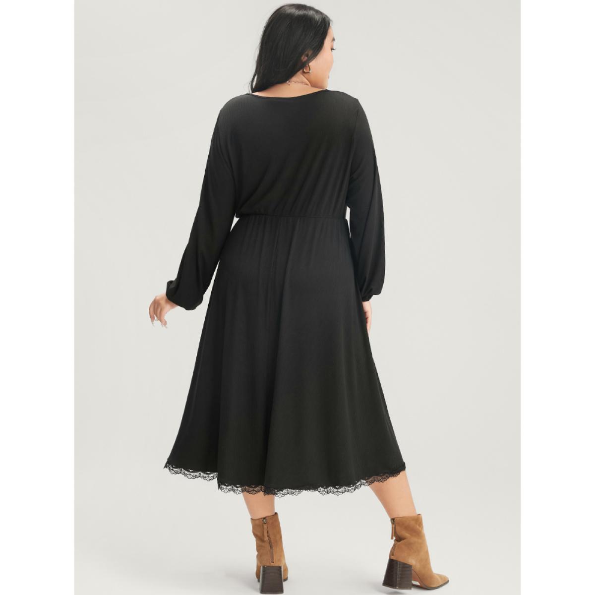 Plus Size Solid Lantern Sleeve Pocket Lace Trim Wrap Dress Black Women Elegant Lace V-neck Long Sleeve Curvy Midi Dress BloomChic 10/M Product Image