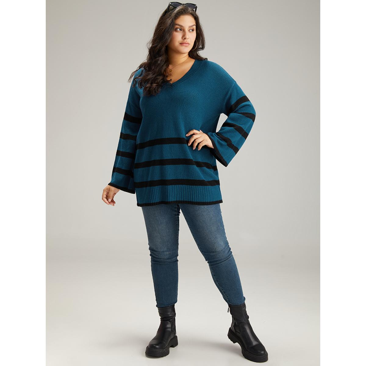 Plus Size Striped Bell Sleeve Moderately Stretchy Pullover Burgundy Women Casual Loose Long Sleeve V-neck Dailywear Pullovers BloomChic 14-16/1X Product Image