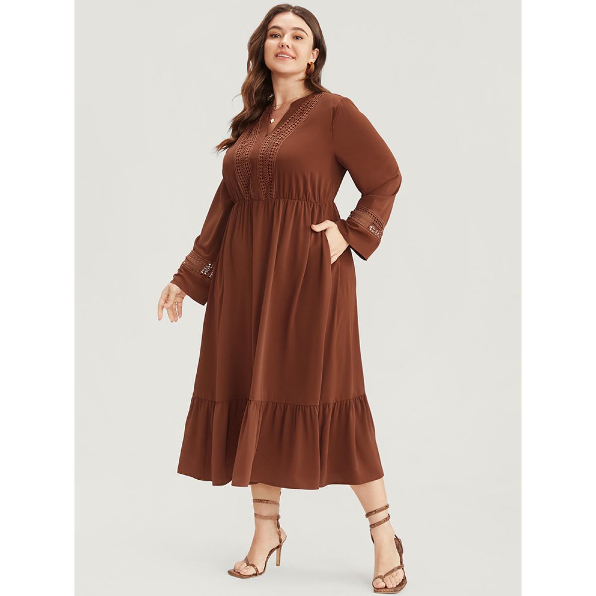 Plus Size Solid V Neck Pocket Contrast Lace Ruffle Hem Dress Russet Women Office Patchwork V-neck Long Sleeve Curvy Midi Dress BloomChic 30/6X Product Image