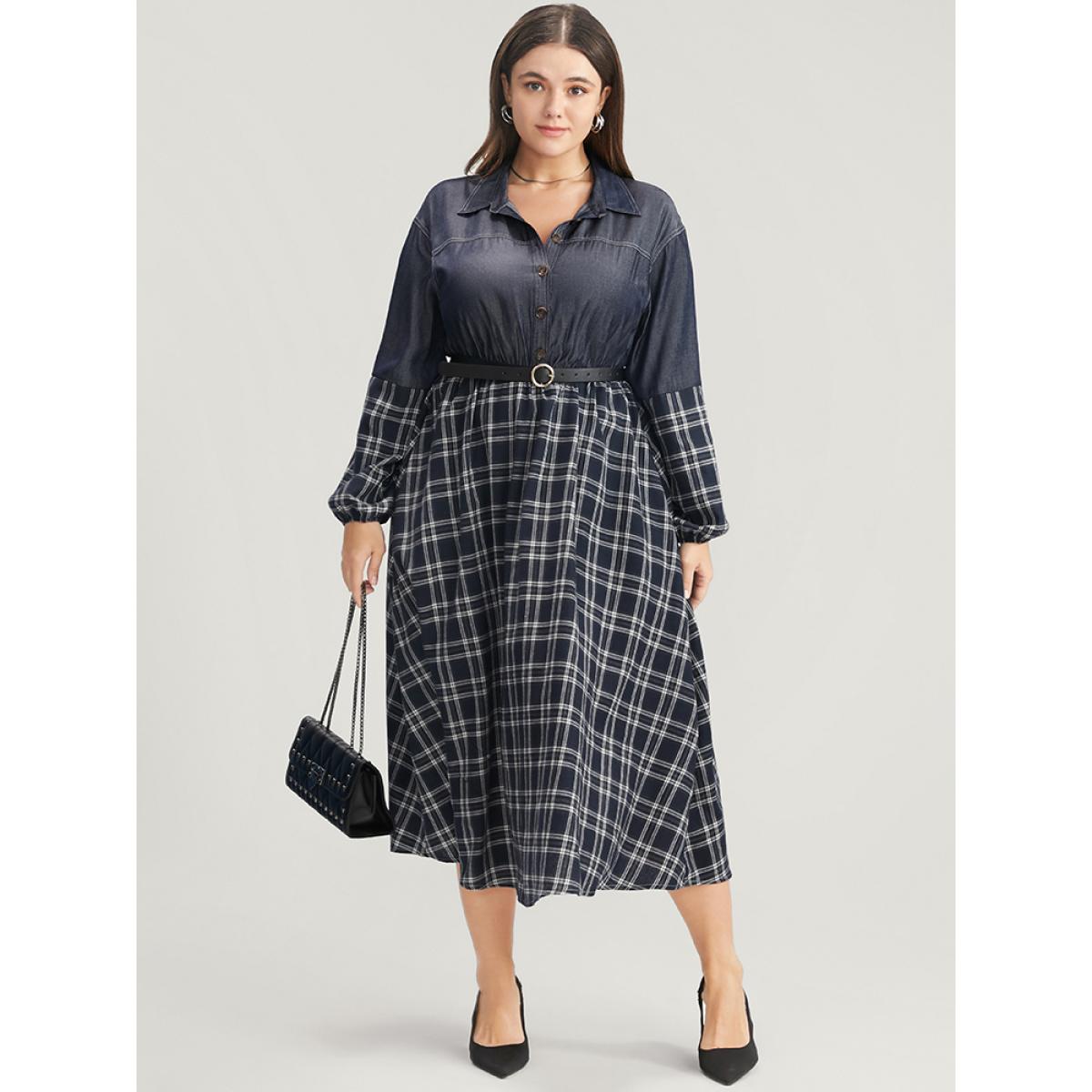 Plus Size Gingham Patchwork Button Pocket Shirt Collar Dress Without Belt Navy Women Office Patchwork Shirt collar Long Sleeve Curvy Midi Dress BloomChic 18-20/2X Product Image