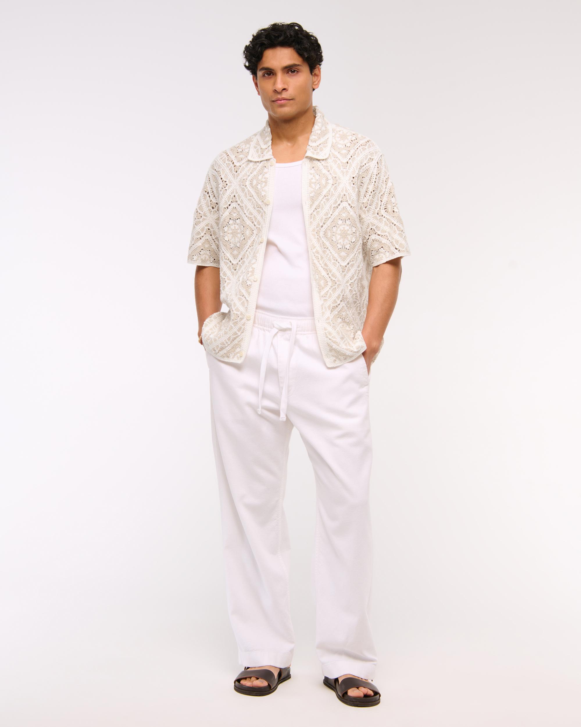 Crochet-Style Border Stripe Button-Through Sweater Polo Product Image