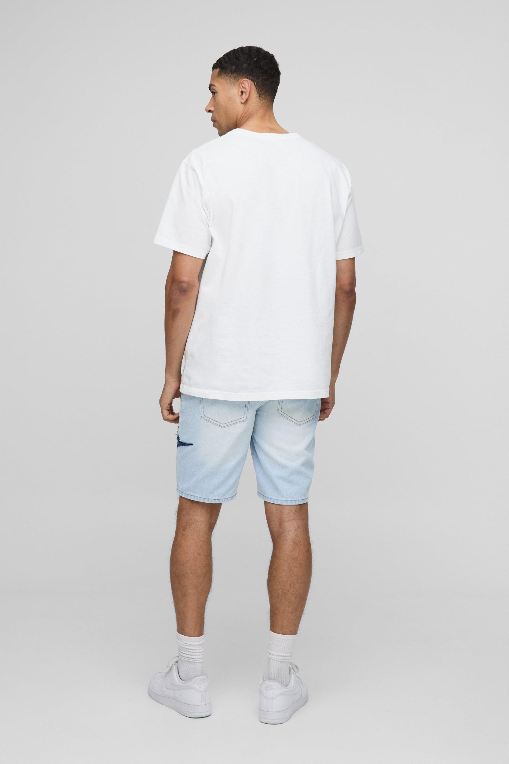 Straight Fit Light Blue Star Applique Jean Shorts | boohooMAN USA Product Image