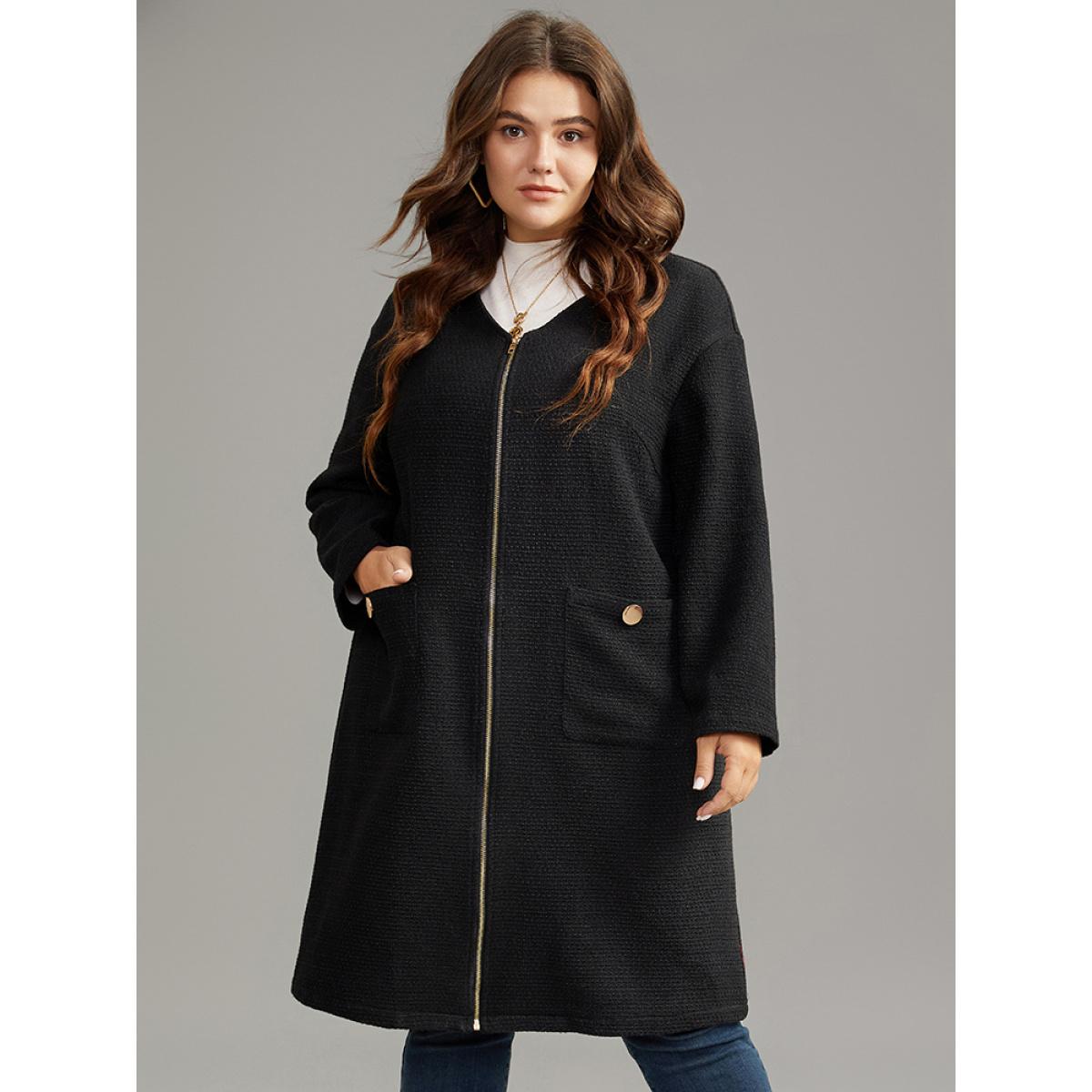 Plus Size Solid Tweed Pocket Metai Detail Zipper Coat Women Black Casual Plain Ladies Dailywear Winter Coats BloomChic 18-20/2X Product Image